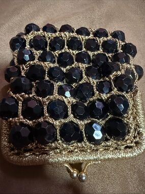 Gold Beaded Evening Coin Purse with Black Faceted Bead made in Italy
